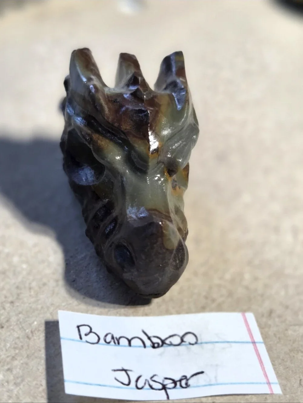 Detailed Bamboo Jasper Crystal Carved Dragon Head Stone Sculpture Decor